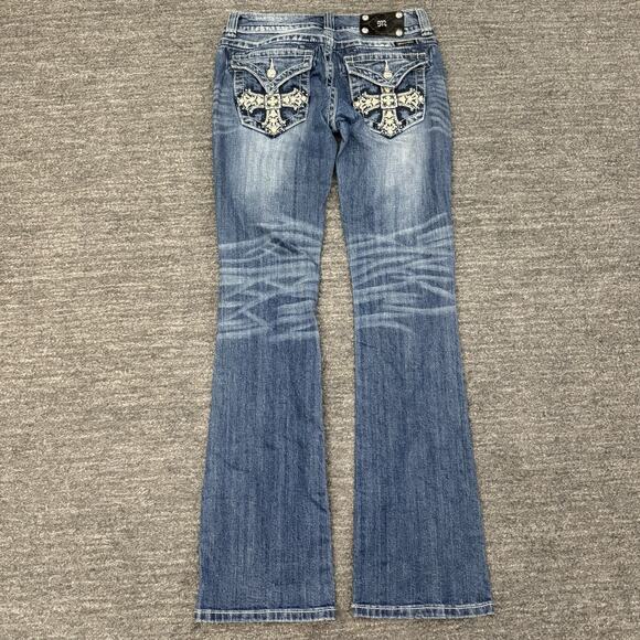 Miss Me Jeans 27 x 34 Boot Cut Rhinestone Sequin Bling Distressed Buckle Cross - Picture 3 of 13